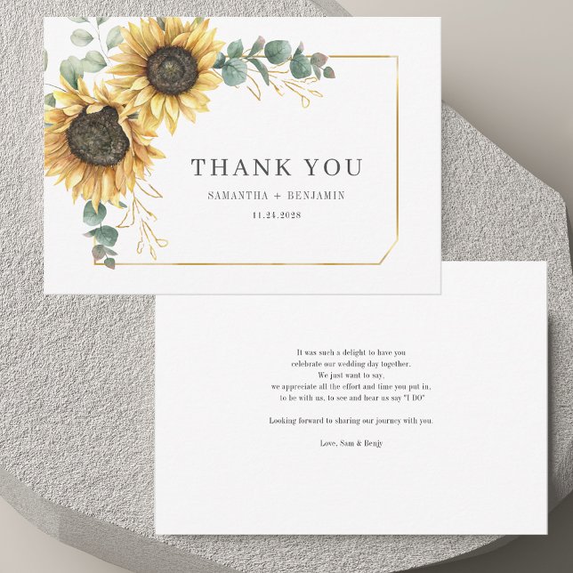 Tarjeta De Agradecimiento Boda de girasol floral Eucalyptus Greenery (Floral Eucalyptus Greenery Sunflower Wedding Thank You Card)