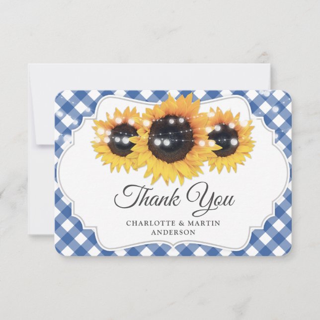 Tarjeta De Agradecimiento Boda de girasol ruso de Gingham azul (Anverso)