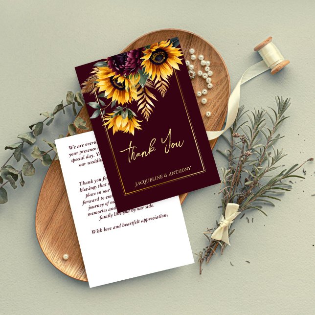 Tarjeta De Agradecimiento Boda de girasoles burdeos de verano otoño (Fall summer burgundy sunflowers wedding thank you card rustic boho wedding thank you cards)