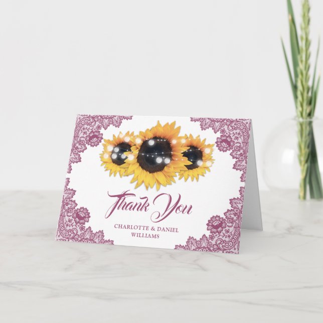 Tarjeta De Agradecimiento Boda de girasoles de encaje floral rústico rosa (Anverso)