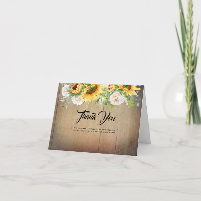 Tarjeta De Agradecimiento Boda de girasoles y rosas blancas gracias (Anverso)
