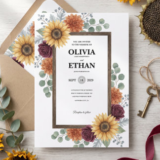 Tarjeta De Agradecimiento Boda de girasoles y rosas rojo borgoña azul marino