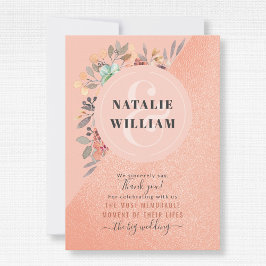 Tarjeta De Agradecimiento Boda de Glam Floral de color de agua rosa de cobre
