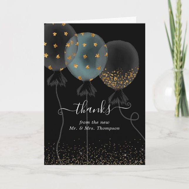 Tarjeta De Agradecimiento Boda de globos Purpurina negro y dorado (Anverso)