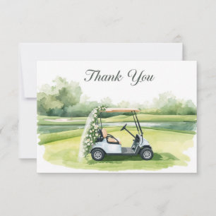 Tarjeta De Agradecimiento Boda de golf con carrito de golf en verde