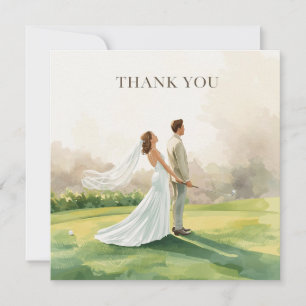 Tarjeta De Agradecimiento Boda de golf con novia y novio con texto