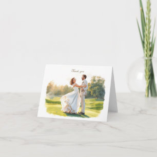 Tarjeta De Agradecimiento Boda de golf con novia y novio con texto