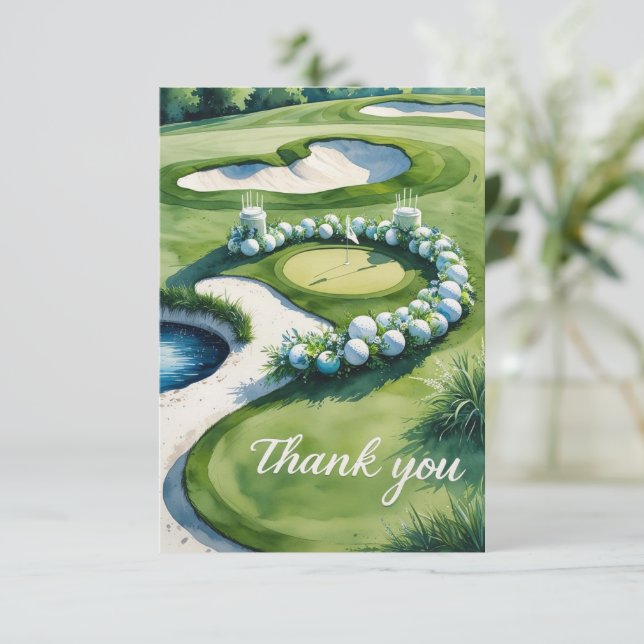 Tarjeta De Agradecimiento Boda de golf con texto en campo de golf (Anverso de pie)