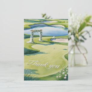 Tarjeta De Agradecimiento Boda de golf con texto en campo de golf