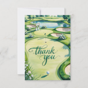 Tarjeta De Agradecimiento Boda de golf con texto en campo de golf