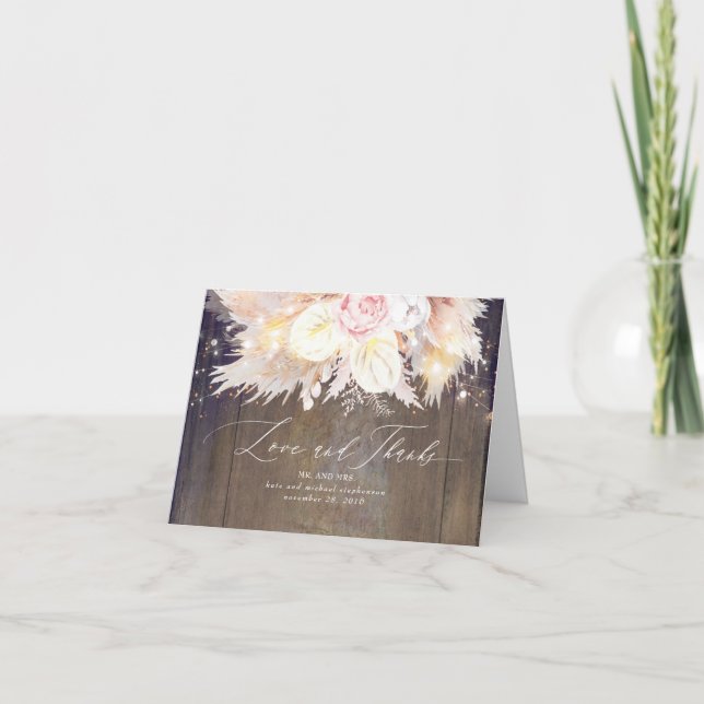 Tarjeta De Agradecimiento Boda De Grasa Pampas Floral Rosa Gracias (Anverso)