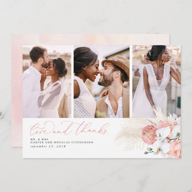 Tarjeta De Agradecimiento Boda De Grasa Pampas Tropical Rosa Gracias (Anverso / Reverso)