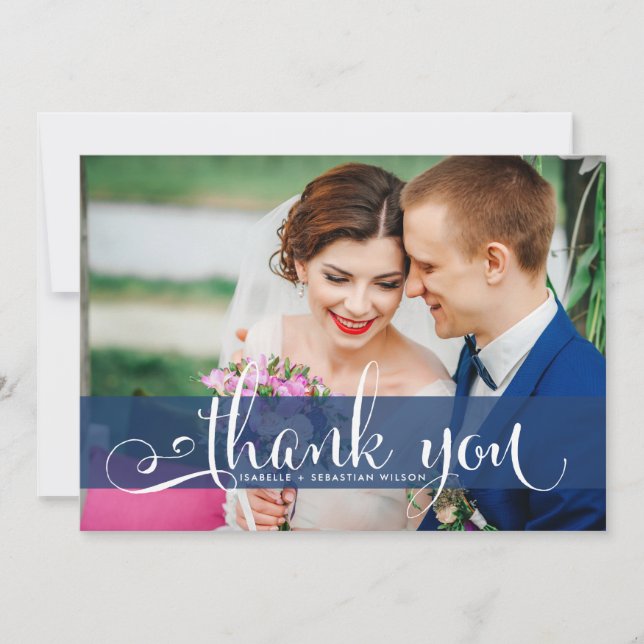 Tarjeta De Agradecimiento Boda de guión azul de Navy Overlay (Anverso)