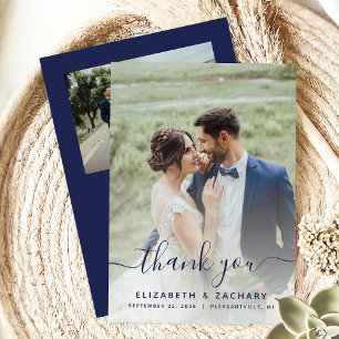 Tarjeta De Agradecimiento Boda de guión azul marino de 2 fotos