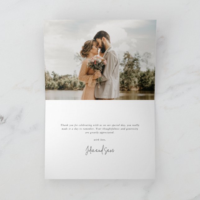 Tarjeta De Agradecimiento Boda de guión elegante de marfil Foto+Mensaje (Interior)