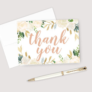 Tarjeta De Agradecimiento Boda de guión floral de oro y rosa