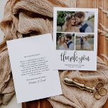 Tarjeta De Agradecimiento Boda de guión moderno caligrafía tres fotos<br><div class="desc">Esta tarjeta de agradecimiento de tres bodas de caligrafía fotográfica muestra las fotos de sus bodas,  con sobreimpresión de escritura caligráfica. Personalizar su boda especial le agradece en la parte posterior,  o quítelo para dejar la parte posterior en blanco por su mensaje de agradecimiento escrito a mano.</div>