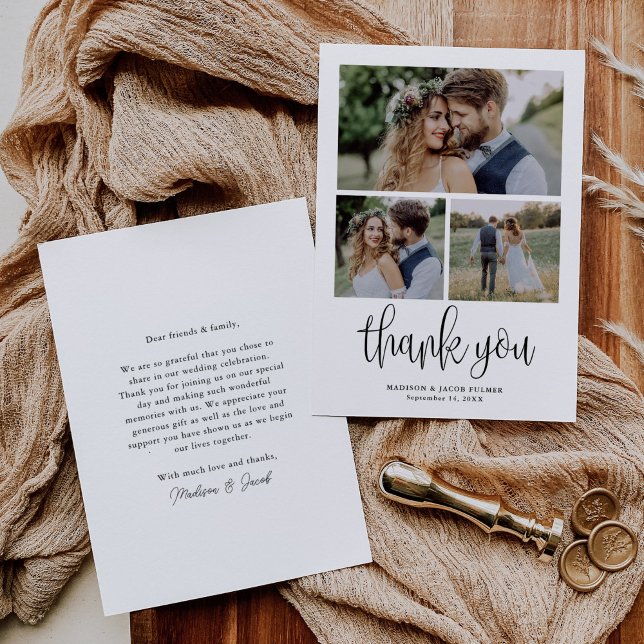 Tarjeta De Agradecimiento Boda de guión moderno caligrafía tres fotos (Subido por el creador)
