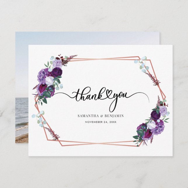 Tarjeta De Agradecimiento Boda de guión morado floral (Anverso / Reverso)