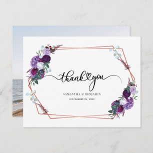 Tarjeta De Agradecimiento Boda de guión morado floral