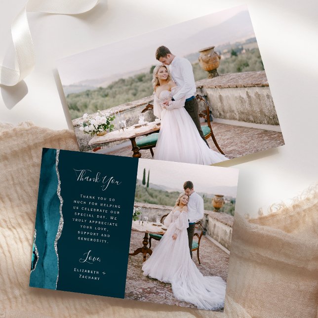 Tarjeta De Agradecimiento Boda de guiones plateados del Agate azul Verde azu (Subido por el creador)