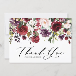 Tarjeta De Agradecimiento Boda de guirnalda floral acuarela roja y púrpura