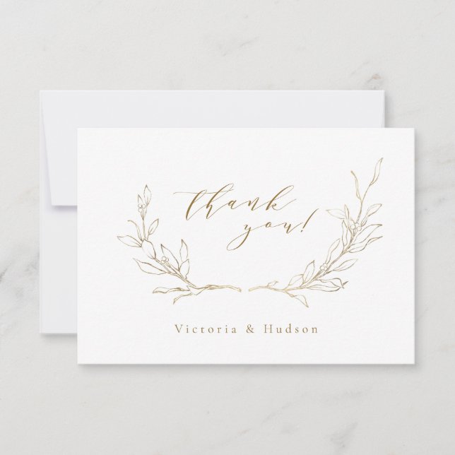 Tarjeta De Agradecimiento Boda de guirnaldas botánicas simples de oro (Anverso)