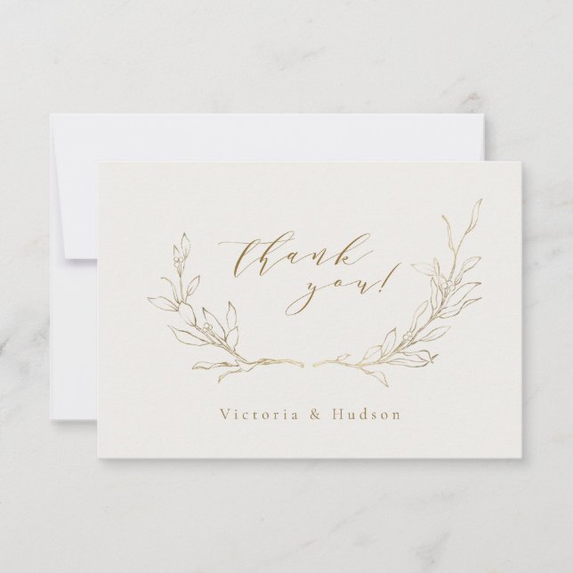 Tarjeta De Agradecimiento Boda de guirnaldas botánicas simples de oro gracia (Anverso)