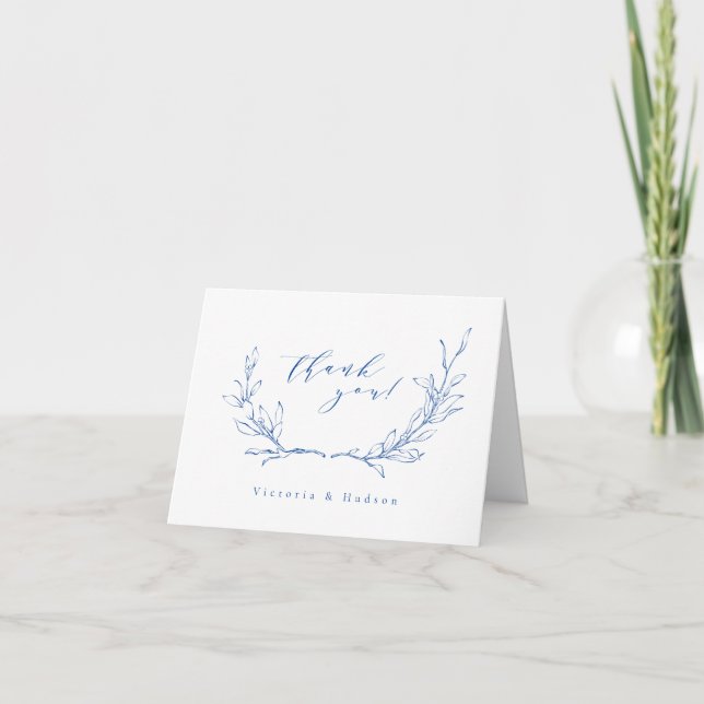 Tarjeta De Agradecimiento Boda de guirnaldas botánicas simples y azules (Anverso)