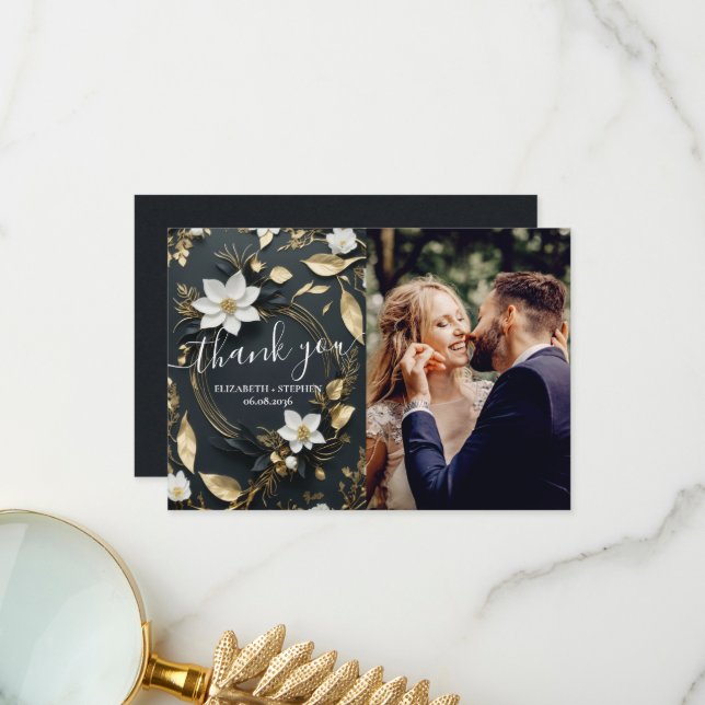 Tarjeta De Agradecimiento Boda de guirnaldas florales de oro blanco. (Anverso/Reverso In Situ)