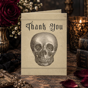 Tarjeta De Agradecimiento Boda de Halloween con esqueleto gótico vintage