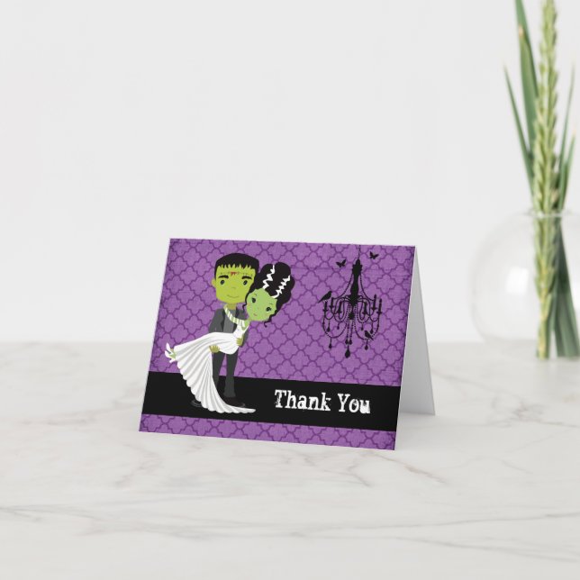 Tarjeta De Agradecimiento Boda de Halloween gracias novia de Frankenstein (Anverso)