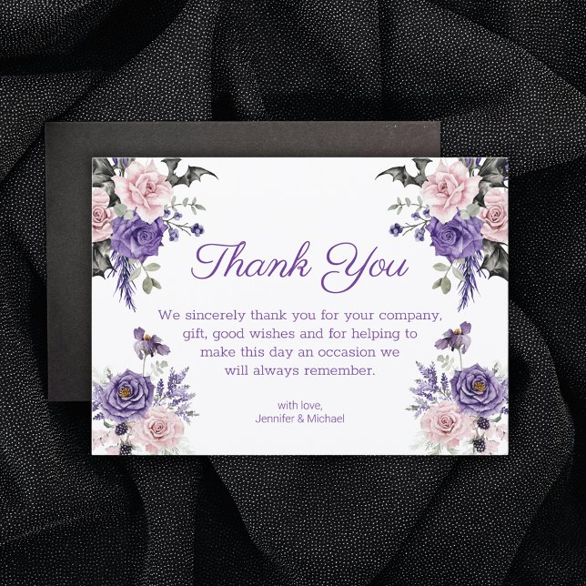 Tarjeta De Agradecimiento boda de halloween rosa púrpura gótico floral (Subido por el creador)