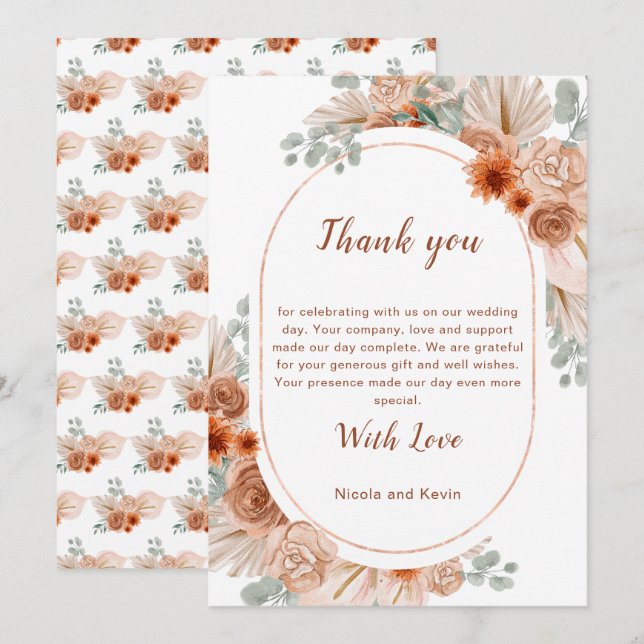Tarjeta De Agradecimiento Boda de hierba de Pampas Boho Terracotta (Anverso / Reverso)