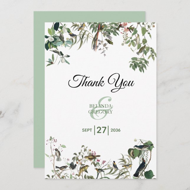 Tarjeta De Agradecimiento Boda de Hojas de Eucalipto Rústico con Verde Antig (Anverso / Reverso)