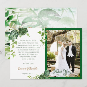 Tarjeta De Agradecimiento Boda de hojas de Monstera acuarela verde tropical