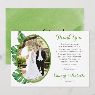 Tarjeta De Agradecimiento Boda de hojas de Monstera verde acuarela tropical