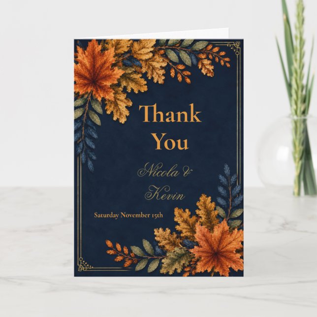 Tarjeta De Agradecimiento Boda de hojas de otoño Navy (Anverso)