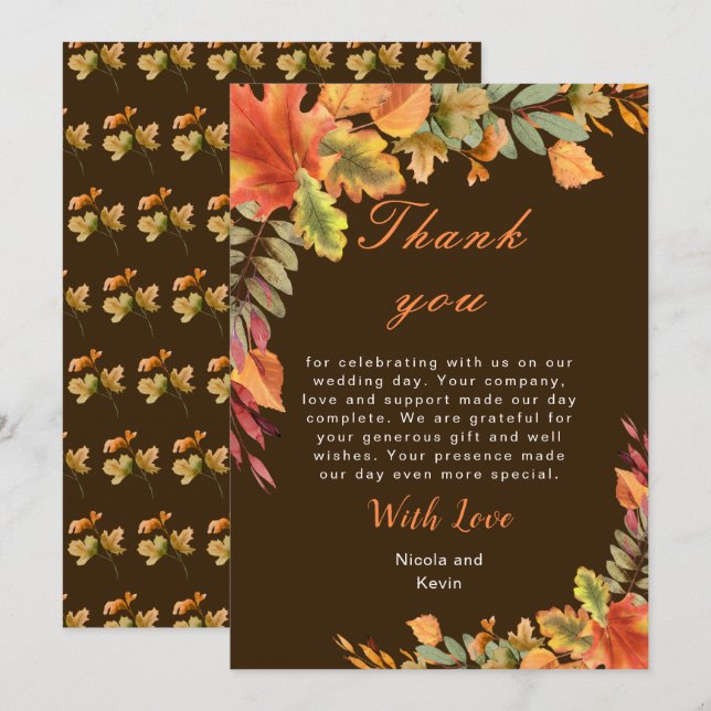 Tarjeta De Agradecimiento Boda de hojas de otoño rústicas (Anverso / Reverso)