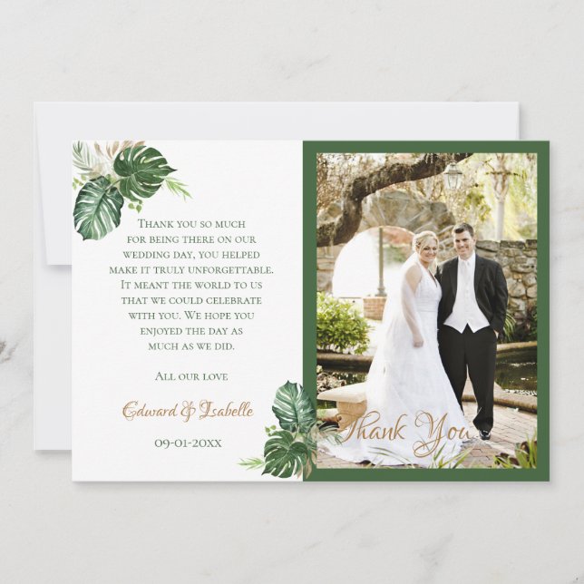 Tarjeta De Agradecimiento Boda de hojas de palma verdes acuarela tropical (Anverso)