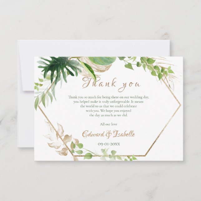 Tarjeta De Agradecimiento Boda de hojas de palma verdes acuarela tropical (Anverso)