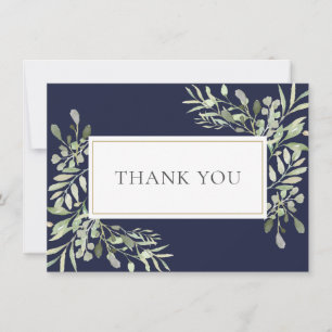 Tarjeta De Agradecimiento Boda de hojas de vegetación azul marino elegante