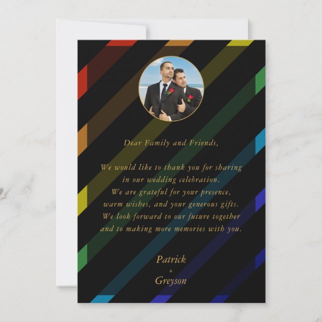 Tarjeta De Agradecimiento Boda de hombres gays elegante arcoíris foto (Anverso)