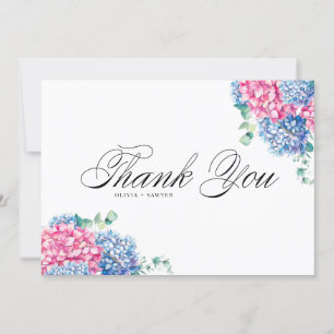 Tarjeta De Agradecimiento Boda de Hortensias Azules y Rosas en Acuarela