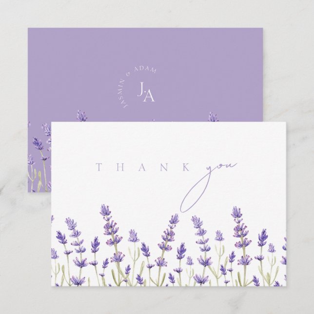 Tarjeta De Agradecimiento Boda de Iniciales de Flores Silvestres de Lavanda  (Anverso / Reverso)
