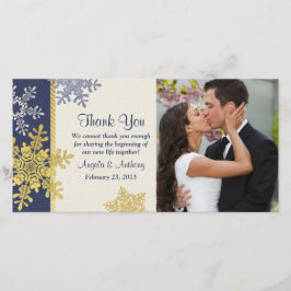 Tarjeta De Agradecimiento Boda de invierno con copos de nieve de oro azul de