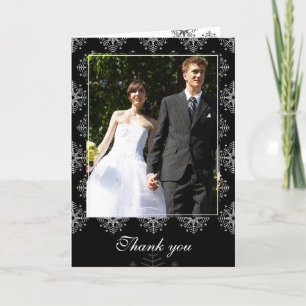 Tarjeta De Agradecimiento Boda de invierno con copos de nieve negros + blanc