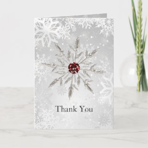 Tarjeta De Agradecimiento boda de invierno con copos de nieve rojos de plata