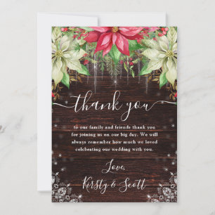 Tarjeta De Agradecimiento Boda de invierno con madera rústica y poinsettia