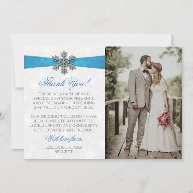 Tarjeta De Agradecimiento Boda de Invierno Diamante Snowflake & Blue Ribbon (Anverso)